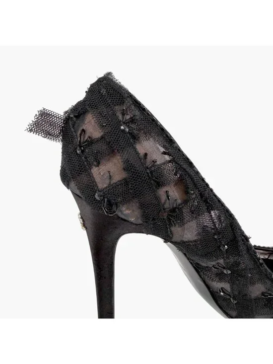 Chanel CC Bead-Embellished Pumps Black Mesh Lace Heels Size 38.5 US 7.5-8 - Picture 14 of 16